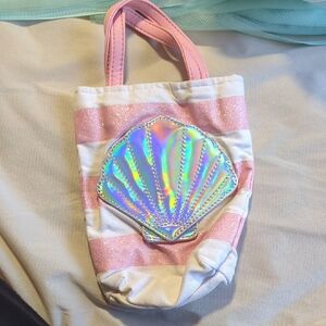 Pink and White Striped Beach Tote with Holographic Seashell